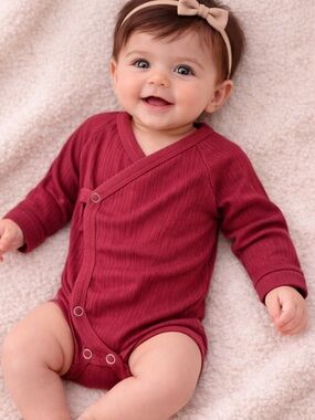 kate quinn Maroon Ribbed Wrap-Front Long-Sleeve Baby Bodysuit